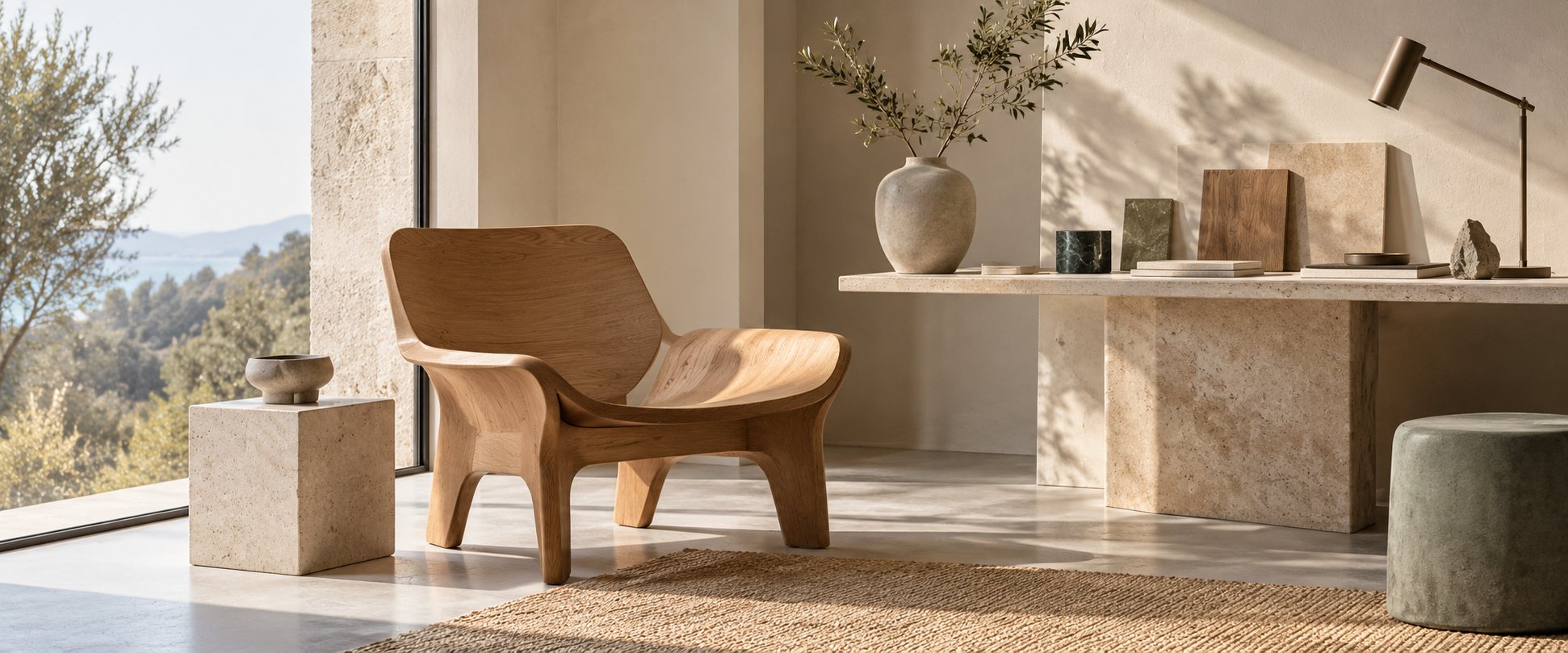 Sculptural timber chair, ceramic objects and material samples in a sunlit studio.