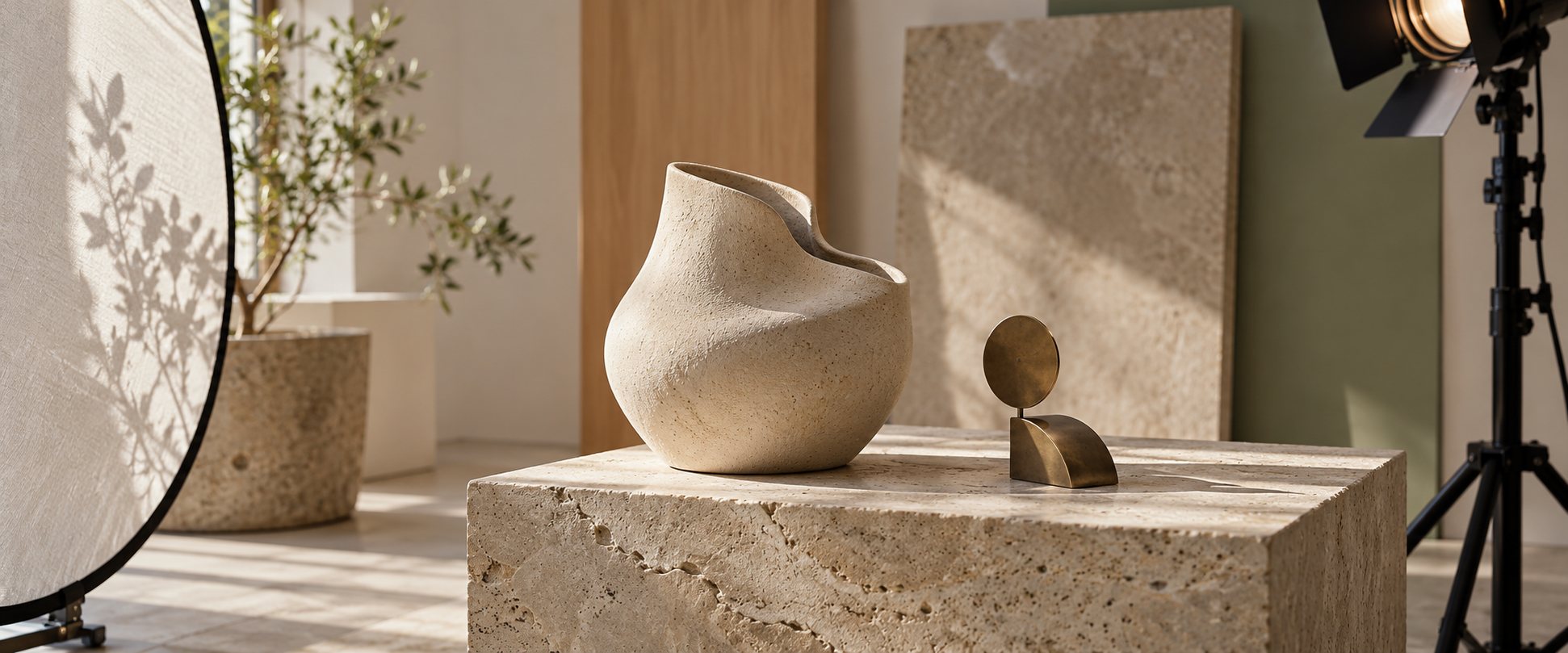 Ceramic and metal objects arranged on a pedestal in a photographic studio.