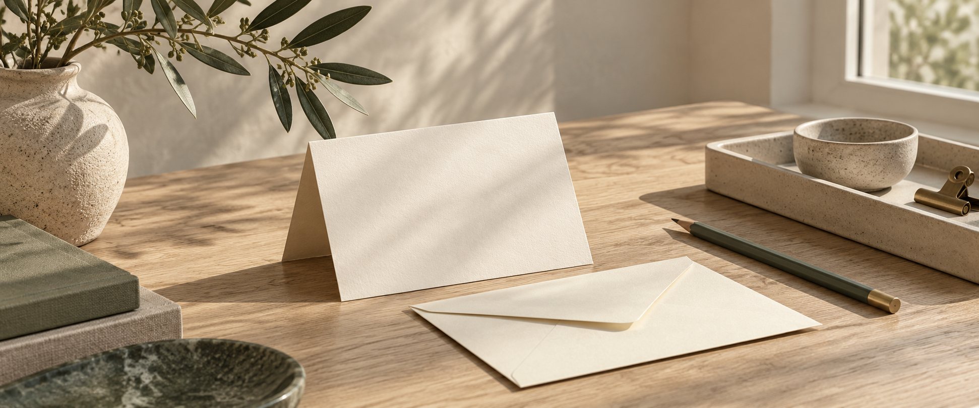 Blank correspondence card and envelope beside a pencil and ceramic desk tray.