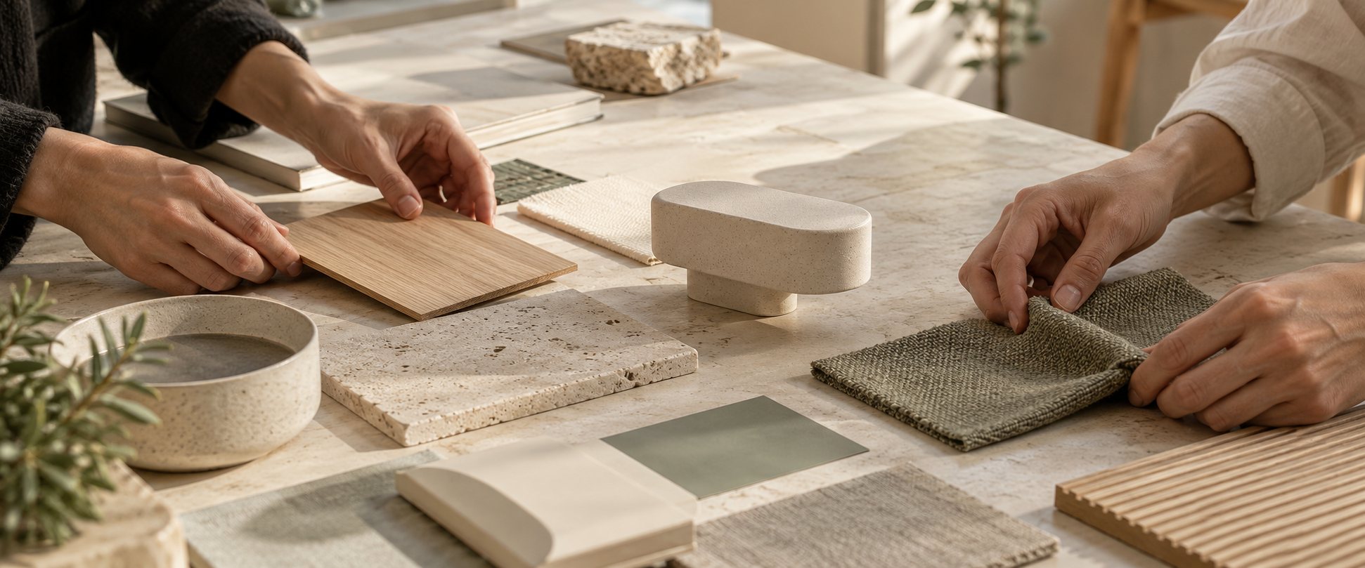 Hands arranging timber and fabric samples on a shared work table.