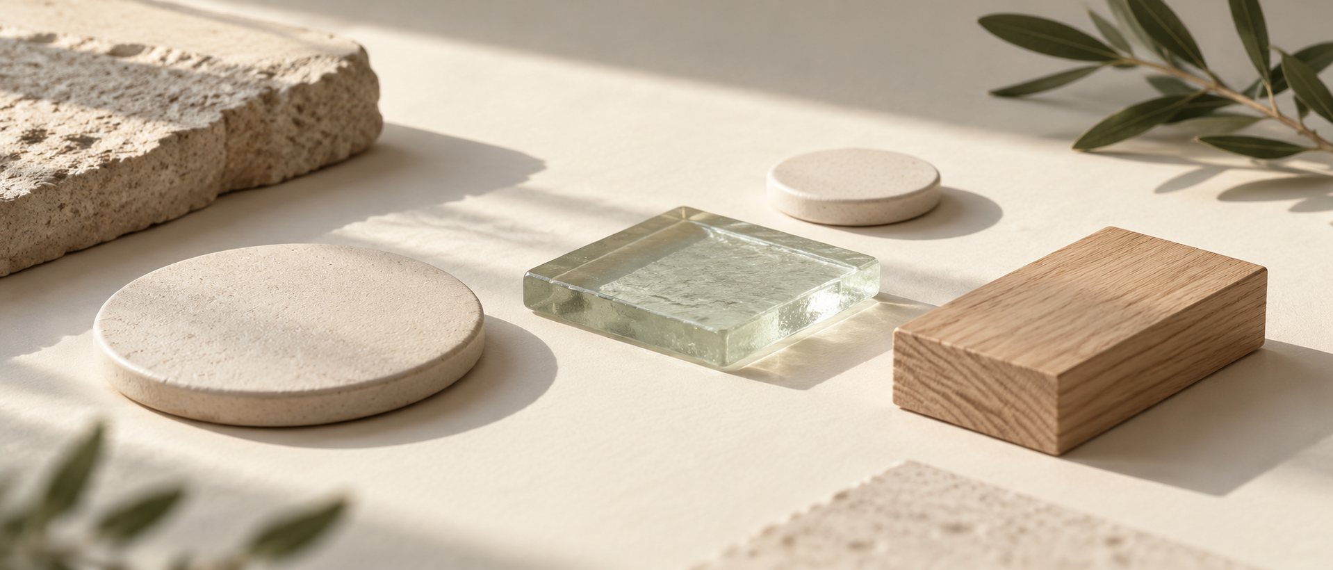 Ceramic discs, a glass tile and an oak block on a neutral surface.