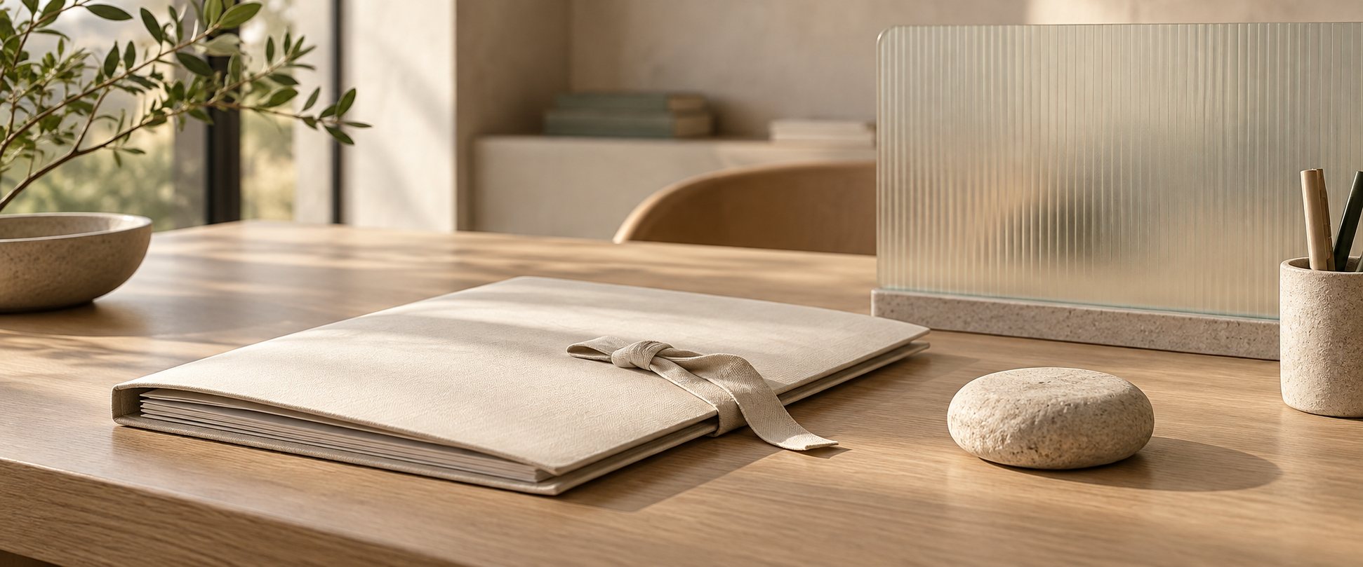 Closed document folder with a fabric tie beside a frosted glass screen.